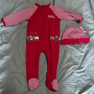 Little Me‎ Red Christmas One Piece with Hat Train Pattern Size 9 Months NWT